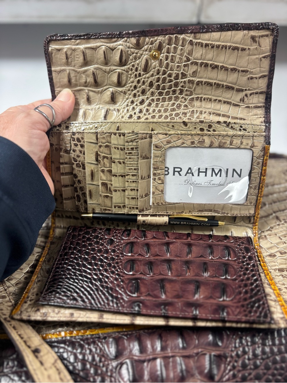 Brahmin Croc-Embossed Satchel in Beige and Dark Brown with Yellow Trim - Picture 6 of 16